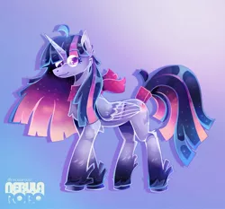 Size: 2278x2123 | Tagged: safe, artist:nebularobo, twilight sparkle, twilight sparkle (alicorn), alicorn, pony, alternate design, clothes, ethereal mane, female, glasses, image, jpeg, mare, redesign, scarf, solo, tail wrap, twitterina design, watermark