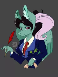 Size: 1536x2048 | Tagged: safe, artist:artfestation, derpibooru import, oc, unofficial characters only, anthro, pegasus, clothes, dark background, ear fluff, image, necktie, pegasus oc, png, quill, scroll, signature, suit, two toned wings, wings