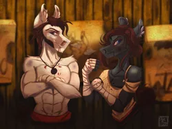 Size: 2048x1536 | Tagged: safe, artist:artfestation, derpibooru import, ponified, anthro, earth pony, abs, abstract background, arm wraps, assassin's creed, blood, bruised, clothes, duo, ear fluff, female, fight club, image, indoors, jewelry, male, muscles, muscular female, muscular male, necklace, nosebleed, partial nudity, png, signature, smiling, topless
