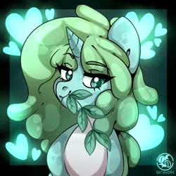 Size: 2160x2160 | Tagged: safe, artist:batavern, derpibooru import, oc, goo, goo pony, original species, food, heart, image, jelly, looking at you, mint, mouth hold, png
