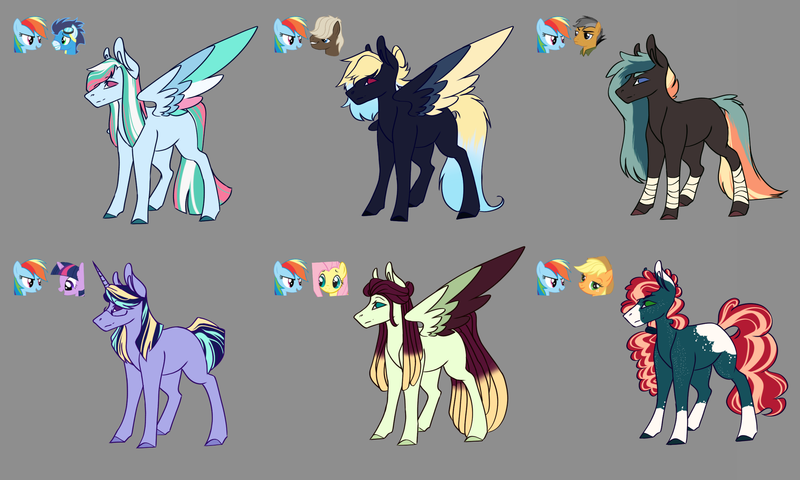 Size: 2500x1500 | Tagged: safe, artist:artfestation, derpibooru import, applejack, dumbbell, quibble pants, rainbow dash, soarin', oc, earth pony, pegasus, pony, unicorn, earth pony oc, gray background, horn, image, magical lesbian spawn, multicolored hair, offspring, parent:applejack, parent:dumbbell, parent:fluttershy, parent:quibble pants, parent:rainbow dash, parent:soarin', parent:twilight sparkle, parents:appledash, parents:dumbdash, parents:flutterdash, parents:quibbledash, parents:soarindash, parents:twidash, pegasus oc, png, rainbow hair, simple background, two toned wings, unicorn oc, wings