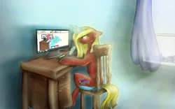 Size: 1600x998 | Tagged: safe, artist:penrosa, derpibooru import, oc, unofficial characters only, pegasus, pony, unicorn, chair, computer, drawing, glowing horn, horn, image, indoors, magic, pegasus oc, png, recursion, sitting, stylus, telekinesis, unicorn oc, wings