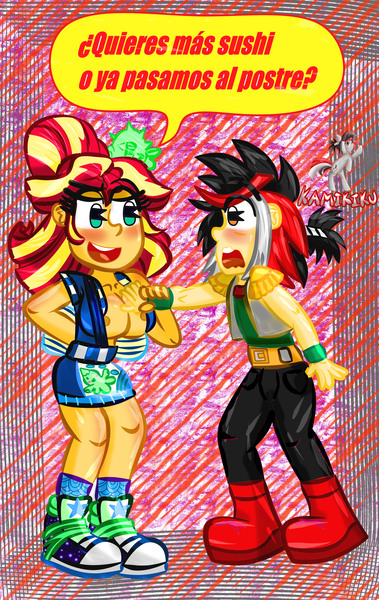Size: 3000x4752 | Tagged: questionable, artist:kamikiku, derpibooru import, sunset shimmer, oc, equestria girls, assisted grope, big breasts, blushing, breasts, busty sunset shimmer, clothes, exposed breasts, grope, image, jpeg, nipple slip, nipples, nudity, open clothes, open mouth, open smile, smiling, spanish, sunset sushi, translated in the description, wardrobe malfunction