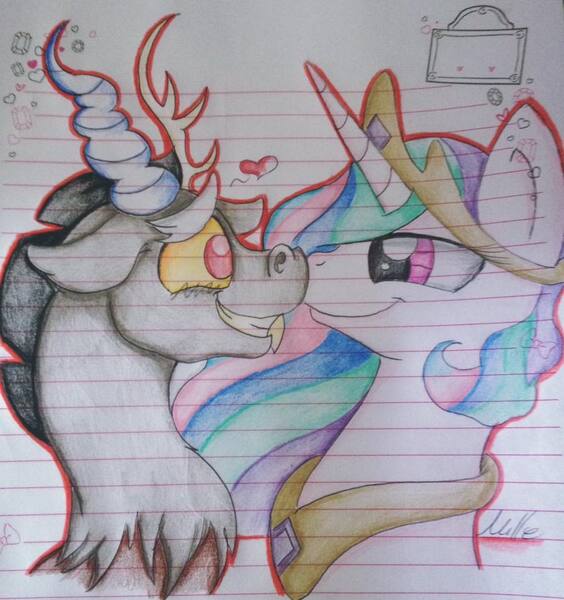 Size: 902x960 | Tagged: safe, artist:millefaller, derpibooru import, discord, princess celestia, alicorn, draconequus, pony, bust, dislestia, female, heart, horn, image, jewelry, jpeg, lined paper, male, mare, peytral, shipping, smiling, straight, tiara, traditional art