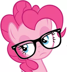 Size: 2543x2715 | Tagged: safe, artist:slb94, derpibooru import, edit, pinkie pie, earth pony, pony, hearthbreakers, bust, eyeroll, female, frown, glasses, hipster glasses, image, png, reaction image, simple background, solo, unamused, when she doesn't smile
