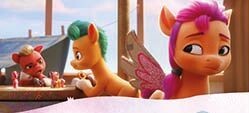 Size: 249x113 | Tagged: safe, derpibooru import, hitch trailblazer, sprout cloverleaf, sunny starscout, earth pony, my little pony: a new generation, spoiler:g5, childhood, fake wings, figurine, g5, image, jpeg, younger