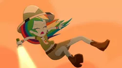 Size: 3410x1920 | Tagged: safe, derpibooru import, screencap, rainbow dash, eqg summertime shorts, equestria girls, leaping off the page, boots, clothes, cutie mark, cutie mark on clothes, eyes closed, female, flashlight (object), high res, image, jpeg, midriff, open mouth, shoes, solo