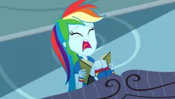 Size: 3410x1920 | Tagged: safe, derpibooru import, screencap, rainbow dash, eqg summertime shorts, equestria girls, leaping off the page, book, boots, clothes, eyes closed, female, high res, image, jpeg, open mouth, shoes, solo