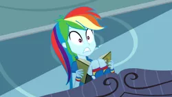 Size: 3410x1920 | Tagged: safe, derpibooru import, screencap, rainbow dash, eqg summertime shorts, equestria girls, leaping off the page, book, boots, clothes, female, high res, image, jpeg, shoes, solo