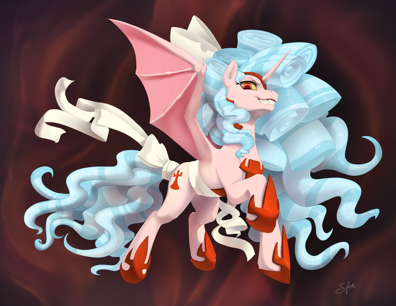 Size: 6600x5100 | Tagged: safe, artist:silfoe, derpibooru import, cozy glow, alicorn, bat pony, bat pony alicorn, pony, alicornified, bat wings, commission, commissioner:reversalmushroom, cozycorn, giant demon alicorn cozy glow, grin, horn, image, png, race swap, smiling, spread wings, wings