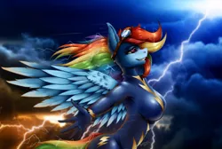 Size: 1080x724 | Tagged: safe, artist:shamziwhite, derpibooru import, rainbow dash, anthro, pegasus, bodysuit, breasts, clothes, feather, goggles, grin, image, latex, latex suit, lightning, long hair, png, sky, smiling, standing, thunder, uniform, wind, wings, wonderbolts uniform