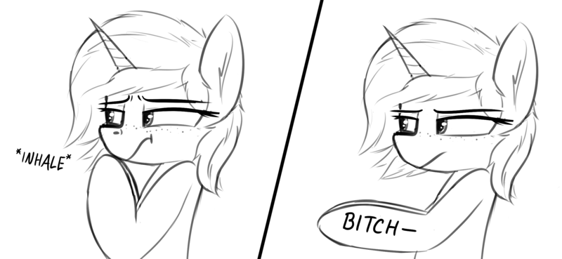 Size: 2360x1089 | Tagged: safe, artist:pinkberry, derpibooru import, oc, oc:sign, unofficial characters only, pony, unicorn, body writing, female, freckles, grayscale, image, inhale, inhaling, monochrome, png, solo, vulgar