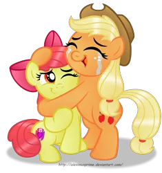 Size: 2228x2375 | Tagged: safe, artist:aleximusprime, derpibooru import, apple bloom, applejack, earth pony, pony, crusaders of the lost mark, adorabloom, applebetes, crying, cute, eyes closed, female, happy, hug, image, mare, one eye closed, open mouth, open smile, png, siblings, smiling, tears of joy