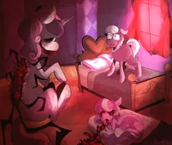 Size: 3328x2808 | Tagged: semi-grimdark, artist:urbanqhoul, derpibooru import, diamond tiara, silver spoon, sweetie belle, earth pony, pony, spider, unicorn, fanfic:that particular instance i performed metempsychosis as an equine named after a piece of silverware, bed, blanket, braid, commission, creepy, crying, dead, empty eye socket, female, filly, glasses, image, jewelry, lying down, mattress, necklace, night, pillow, png, scared, spider legs, standing, torn skin, window