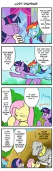 Size: 708x2272 | Tagged: safe, artist:wakyaot34, derpibooru import, fluttershy, rainbow dash, twilight sparkle, alicorn, dinosaur, pegasus, pony, 4 panel comic, 4koma, comic, crossover, dialogue, grimlock, image, japanese, jpeg, moon runes, speech bubble, transformers, translation