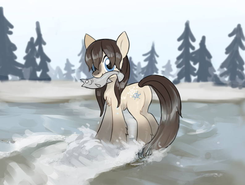 Size: 1580x1196 | Tagged: safe, artist:marbo, oc, oc:frosty flakes, unofficial characters only, fish, pony, taiga pony, /mlp/, :v, chest fluff, drawthread, female, fishing, fluffy, food, image, looking at you, mare, meat, mouth hold, png, ponies eating fish, ponies eating meat, river, solo, wet