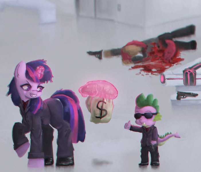 Size: 1982x1697 | Tagged: semi-grimdark, artist:menalia, derpibooru import, spike, twilight sparkle, pony, unicorn, alternate design, alternate universe, blood, chromatic aberration, clothes, death, elevator, female, gun, horn, image, lying, magic, magic aura, male, mare, money, money bag, necktie, pants, png, shirt, shoes, smiling, suit, sunglasses, thumbs up, weapon