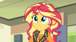 Size: 3410x1920 | Tagged: safe, derpibooru import, screencap, sunset shimmer, equestria girls, equestria girls series, overpowered (equestria girls), clothes, cutie mark, cutie mark on clothes, female, geode of empathy, high res, image, jacket, jewelry, jpeg, leather, leather jacket, magical geodes, necklace, solo