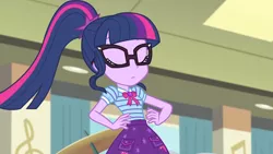 Size: 3410x1920 | Tagged: safe, derpibooru import, screencap, sci-twi, twilight sparkle, equestria girls, equestria girls series, overpowered (equestria girls), bowtie, clothes, cutie mark, cutie mark on clothes, eyes closed, female, geode of telekinesis, glasses, high res, image, jewelry, jpeg, magical geodes, necklace, ponytail, solo