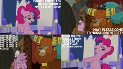 Size: 1280x720 | Tagged: safe, derpibooru import, edit, edited screencap, editor:quoterific, screencap, pinkie pie, prince rutherford, earth pony, pony, yak, not asking for trouble, season 7, female, image, jpeg, male, mare, mouth hold, open mouth, smug, smugpie, twilight's castle