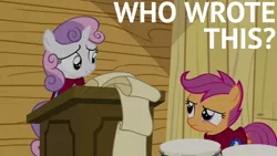 Size: 1280x720 | Tagged: safe, derpibooru import, edit, edited screencap, editor:quoterific, screencap, scootaloo, sweetie belle, pegasus, pony, unicorn, one bad apple, season 3, cape, caption, clothes, clubhouse, cmc cape, crusaders clubhouse, female, filly, image, jpeg, looking at each other, text