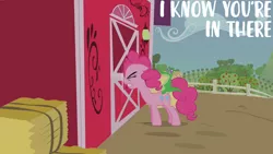 Size: 1280x720 | Tagged: safe, derpibooru import, edit, edited screencap, editor:quoterific, screencap, gummy, pinkie pie, alligator, earth pony, pony, party of one, season 1, eyes closed, female, hay, image, jpeg, knocking, male, mare, sweet apple acres