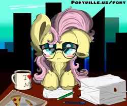 Size: 3000x2500 | Tagged: safe, artist:hisp, derpibooru import, fluttershy, pegasus, beard, blushing, city, coffee mug, cute, desk, facial hair, female, fluffy, food, glasses, image, jpeg, long hair, looking at you, mug, office, pencil, pizza, pizza box, solo, solo female, tired, url, working