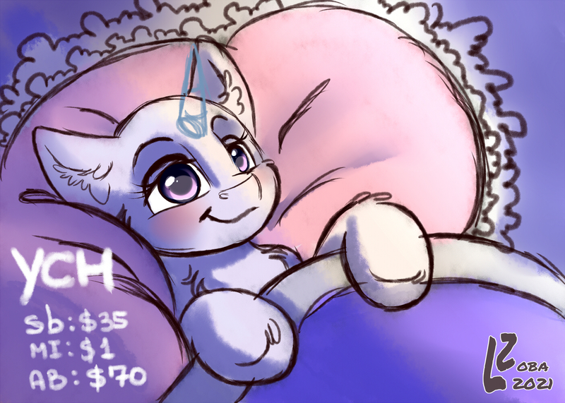 Size: 1400x1000 | Tagged: safe, artist:zobaloba, derpibooru import, earth pony, pony, unicorn, any gender, any species, auction, bed, chest fluff, commission, ear fluff, image, jpeg, solo, sweets, your character here