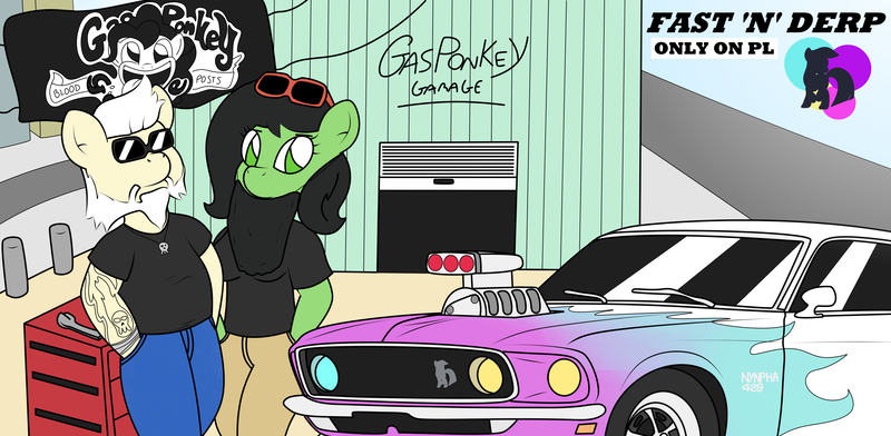 Size: 5209x2550 | Tagged: safe, artist:sparkfler85, derpibooru import, oc, oc:anonfilly, oc:el gordo, unofficial characters only, anthro, beard, bracelet, breasts, car, clothes, derpibooru exclusive, facial hair, fake beard, fast 'n' loud, female, filly, ford, ford mustang, garage, gas monkey garage, image, jewelry, male, necklace, pants, parody, png, ponylatino, shirt, skull, sunglasses, supercharger, tattoo, toolbox, wrench