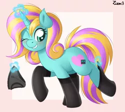 Size: 4000x3600 | Tagged: safe, artist:ziemniax, derpibooru import, oc, unofficial characters only, pony, unicorn, blushing, clothes, cute, cutie mark, drawthread, female, horn, image, looking back, magic, mare, one eye closed, panties, png, simple background, socks, solo, stockings, thigh highs, underwear, wink
