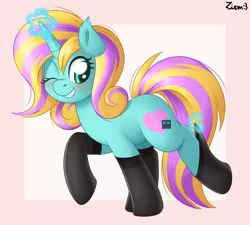 Size: 4000x3600 | Tagged: safe, artist:ziemniax, derpibooru import, edit, oc, unofficial characters only, pony, unicorn, blushing, clothes, cute, cutie mark, drawthread, female, horn, image, looking back, magic, mare, one eye closed, png, simple background, socks, solo, stockings, thigh highs, wink