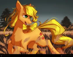 Size: 1620x1270 | Tagged: safe, artist:ajax, artist:ajaxorsomething, artist:rover, artist:rrrover, artist:willdrawhere, derpibooru import, applejack, earth pony, pony, collaboration, epic, field, image, jpeg, open mouth, smiling, solo, sunny