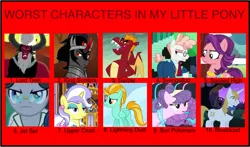 Size: 2048x1202 | Tagged: safe, artist:sirmlp1, derpibooru import, garble, jet set, king sombra, lightning dust, lord tirek, prince blueblood, spoiled rich, suri polomare, svengallop, upper crust, centaur, dragon, earth pony, pegasus, pony, unicorn, between dark and dawn, crusaders of the lost mark, gauntlet of fire, rarity takes manehattan, the beginning of the end, the best night ever, the mane attraction, the summer sun setback, twilight's kingdom, wonderbolts academy, image, meme, png, worst character, worst pony