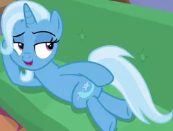 Size: 1320x1004 | Tagged: safe, derpibooru import, screencap, trixie, pony, unicorn, road to friendship, season 8, spoiler:s08, couch, cropped, draw me like one of your french girls, female, image, lying down, mare, png, prone, solo