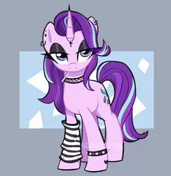 Size: 1620x1665 | Tagged: safe, artist:aanotherpony, derpibooru import, starlight glimmer, pony, unicorn, bracelet, candy, choker, clothes, cross, ear piercing, edgelight glimmer, edgy, emo, eyeshadow, food, image, jpeg, leg warmers, lidded eyes, lollipop, makeup, piercing, punk, solo, spiked wristband, wristband