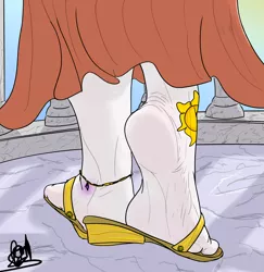 Size: 2594x2673 | Tagged: suggestive, artist:fetishsketches, derpibooru import, princess celestia, anthro, anklet, big feet, clothes, dress, feet, female, fetish, foot fetish, foot focus, foot tease, image, jewelry, png, sandals, solo, solo female