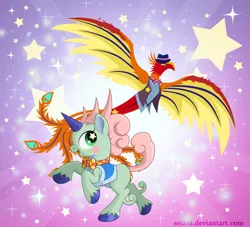 Size: 600x544 | Tagged: safe, artist:seiani, derpibooru import, phoenix, pony, unicorn, 2015, bowtie, clothes, crossover, hat, heterochromia, image, jpeg, performapal odd-eyes light phoenix, performapal odd-eyes unicorn, solo, yu-gi-oh!, yu-gi-oh! arc-v