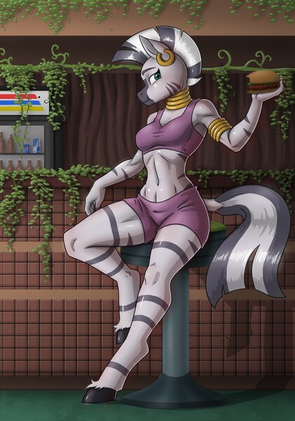 Size: 1420x2025 | Tagged: safe, artist:anadukune, derpibooru import, zecora, anthro, unguligrade anthro, zebra, abs, bike shorts, burger, clothes, commission, diner, female, food, image, jpeg, looking at you, sandwich, shorts, socks, solo, stool, tanktop, veggie burger, vending machine