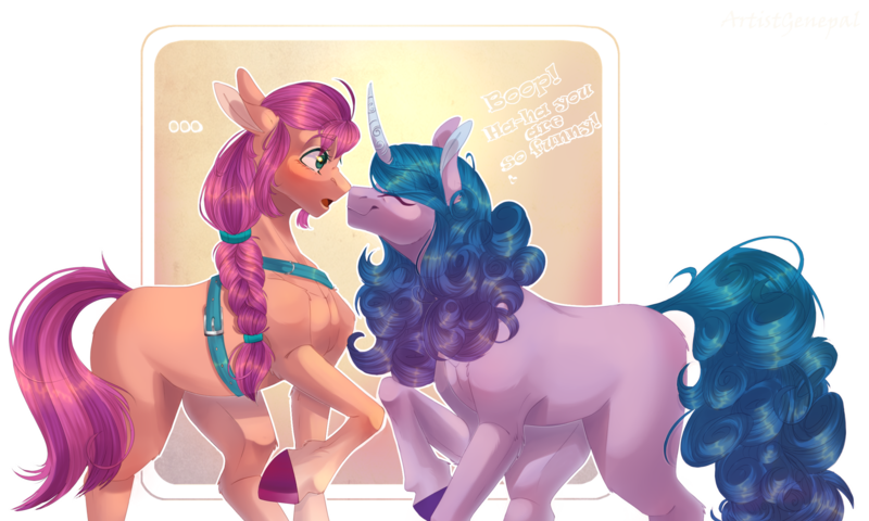 Size: 2500x1500 | Tagged: safe, artist:artistgenepal, derpibooru import, izzy moonbow, sunny starscout, earth pony, pony, unicorn, my little pony: a new generation, spoiler:g5, boop, dialogue, g5, gradient background, image, noseboop, png, scene interpretation, simple background