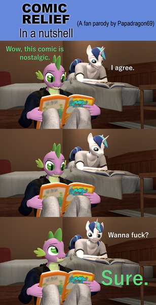 Size: 1920x3740 | Tagged: suggestive, artist:papadragon69, derpibooru import, shining armor, spike, anthro, 3d, bed, clothes, comic, comic book, gay, image, in a nutshell, infidelity, male, older, older spike, parody, png, shipping, source filmmaker, spikemor, that escalated quickly, vulgar