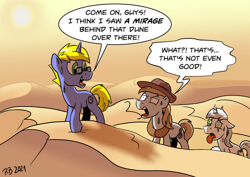 Size: 1280x906 | Tagged: safe, artist:pony-berserker, derpibooru import, oc, oc:final drive, oc:longhaul, oc:silver sickle, desert, image, jpeg, oblivious, sand, speech bubble, sun