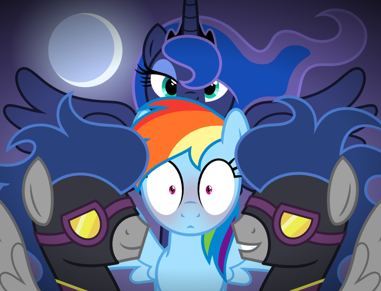 Size: 1000x763 | Tagged: suggestive, anonymous artist, derpibooru import, princess luna, rainbow dash, oc, oc:dross, oc:slag, alicorn, pegasus, pony, fanfic, blushing, explicit source, fanfic art, fanfic cover, female, image, male, mare, moon, png, shadowbolts, shrunken pupils, smiling, spread wings, stallion, wide eyes, wings