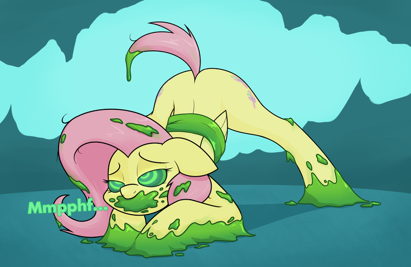 Size: 2269x1474 | Tagged: suggestive, artist:moonatik, derpibooru import, fluttershy, pegasus, pony, bondage, bound wings, cave, changeling slime, face down ass up, female, hypnosis, hypnotized, image, implied changeling, jacko challenge, mare, meme, messy mane, mind control, muffled words, png, slime gag, solo, swirly eyes, wings