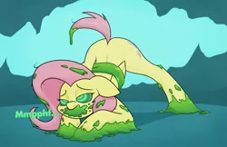 Size: 2269x1474 | Tagged: suggestive, artist:moonatik, derpibooru import, fluttershy, pegasus, pony, bondage, bound wings, cave, changeling slime, face down ass up, female, hypnosis, hypnotized, image, implied changeling, jacko challenge, mare, meme, messy mane, mind control, muffled words, png, slime gag, solo, swirly eyes, wings