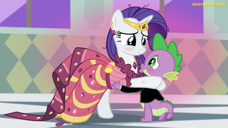 Size: 3640x2048 | Tagged: safe, artist:georgegarza01, derpibooru import, rarity, spike, dragon, pony, unicorn, after the gala, clothes, dancing, dress, female, gala dress, image, jpeg, male, mare, shipping, slow dancing, sparity, straight