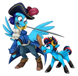 Size: 3052x2970 | Tagged: safe, artist:luximus17, derpibooru import, oc, oc:andrew swiftwing, oc:blue angel, unofficial characters only, pegasus, alternate universe, boots, clothes, coat, fantasy class, feather, female, goggles, hair bun, hat, image, male, mother and child, mother and son, png, rapier, shoes, sword, weapon, wings
