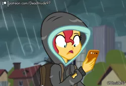 Size: 2800x1900 | Tagged: safe, artist:deadinside97, derpibooru import, sunset shimmer, equestria girls, acid rain, backpack, clothes, disappearing clothes, hoodie, image, mobile phone, patreon, phone, png, rain, redraw