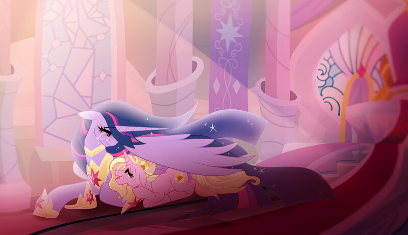 Size: 4500x2600 | Tagged: safe, artist:inspiredpixels, derpibooru import, luster dawn, princess twilight 2.0, twilight sparkle, twilight sparkle (alicorn), alicorn, pony, the last problem, crying, hug, image, immortality blues, jpeg, older, older luster dawn, older twilight, winghug, wings