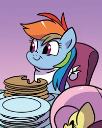 Size: 480x600 | Tagged: safe, artist:nanook123, derpibooru import, idw, fluttershy, rainbow dash, pegasus, pony, chair, cropped, food, free comic book day, image, pancakes, plate, png, smiling, solo focus