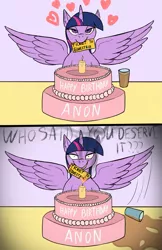 Size: 1659x2561 | Tagged: safe, derpibooru import, twilight sparkle, twilight sparkle (alicorn), alicorn, pony, bait and switch, birthday, burning, cake, candle, chocolate, chocolate milk, evil grin, floating heart, food, grin, heart, image, looking at you, milk, mouth hold, png, pure unfiltered evil, smiling, spilled drink, ticket, twibitch sparkle